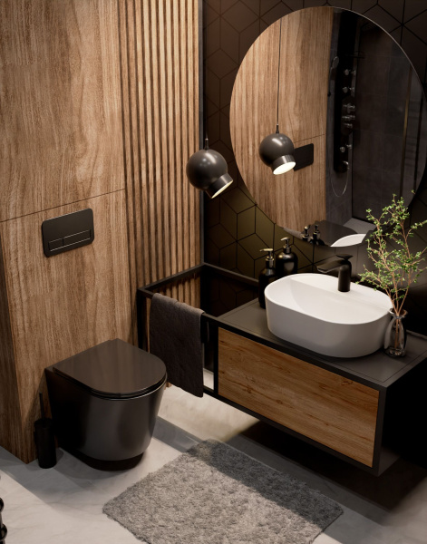 AQM2001MB Унитаз подвесной с сиденьем SoftClose, Rimless, скрыт крепеж. 515x355x365, черный матовый