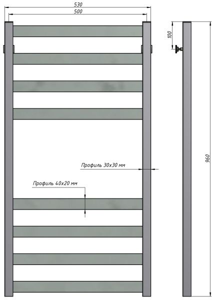 Полотенцесушитель водяной Stinox Verona 500x1000, нижнее подключение, черный матовый, 1/2" ВР (внутренняя резьба), 8 перекладин