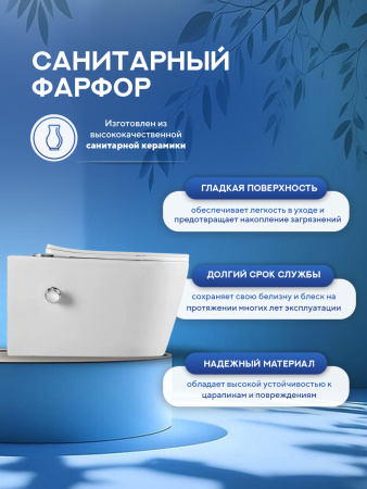 Унитаз подвесной безободковый Amore di Mare Temo Bidet P322-X с функцией биде овальный белый, антивсплеск, фарфоровый, быстросъемное сиденье дюропласт с крышкой микролифт, антибактериальное покрытие