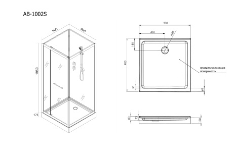 Душевая кабина AQUABATH ATLAS AB-1002S (прямоугольная, 90x90, хром, с поддоном, сифоном, без крыши)