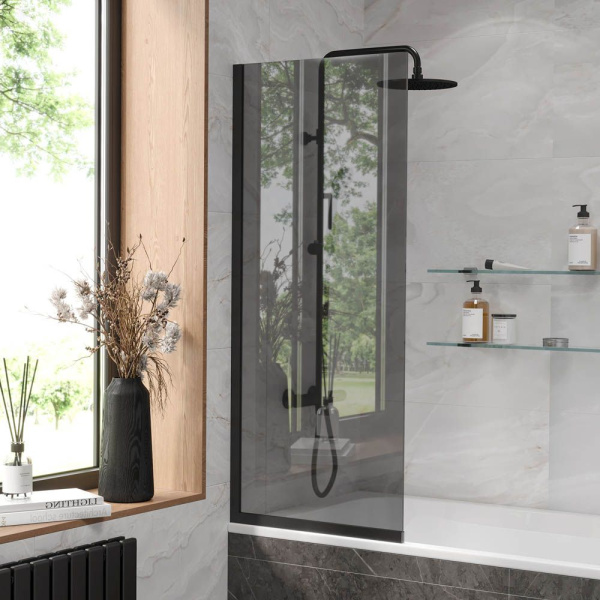 Стеклянная перегородка, шторка на борт ванны Reflexion RX14060TBL-05 140х60см фиксированная, тонированное закаленное стекло 8мм, черный профиль