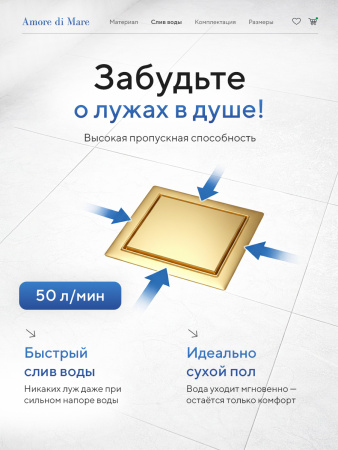Трап для душа Amore di Mare Picco SD-15G, 150х150 мм, оборачиваемый под плитку, золото