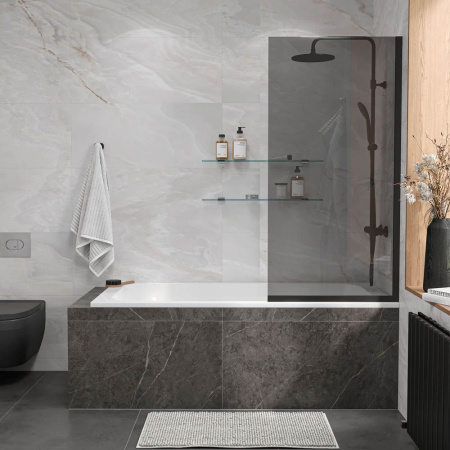 Стеклянная перегородка, шторка на борт ванны Reflexion RX14070TBL-06 140х70см фиксированная, тонированное закаленное стекло 8мм, черный профиль