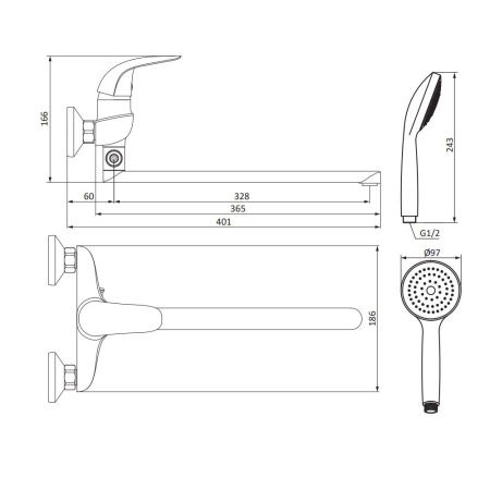 319500001_xxx Eclipse, Смеситель для ванны и душа AM.PM с универсальным изливом и душевым комплектом, хром
