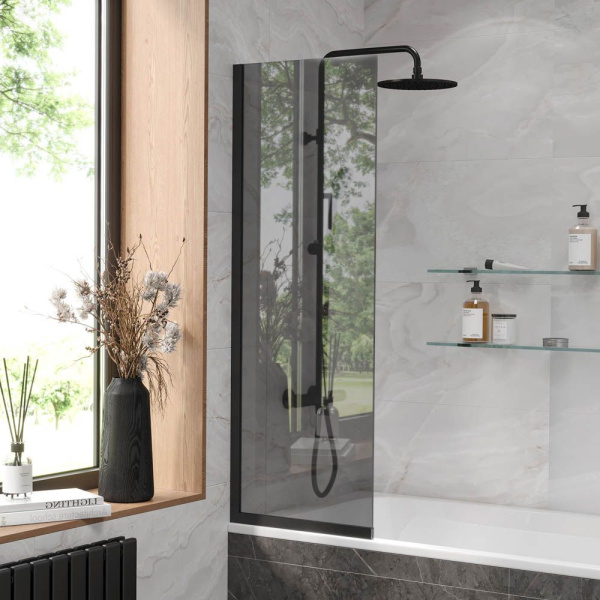 Стеклянная перегородка, шторка на борт ванны Reflexion RX14050TBL-04 140х50см фиксированная, тонированное закаленное стекло 8мм, черный профиль