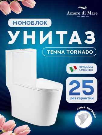 Унитаз моноблок безободковый Amore di Mare Tenna Tornado M627-T белый итальянский, антивсплеск, фарфоровый, быстросъемное сиденье дюропласт с крышкой микролифт, чаша с антибактериальным покрытием