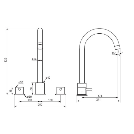 360200000 Scandinavian Pure Смеситель для умывальника Damixa, встраиваемый в столешницу, трёхсекционный, хр
