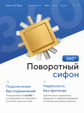 Трап для душа Amore di Mare Picco SD-15G, 150х150 мм, оборачиваемый под плитку, золото