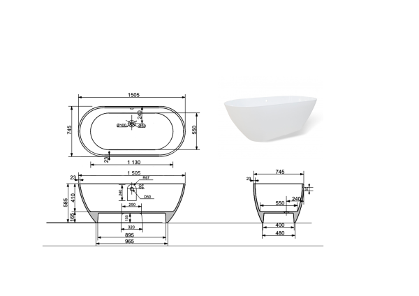 Ванна из литьевого мрамора Taliente Nemi Matt NE15075Matt 150х75 отдельностоящая овальная