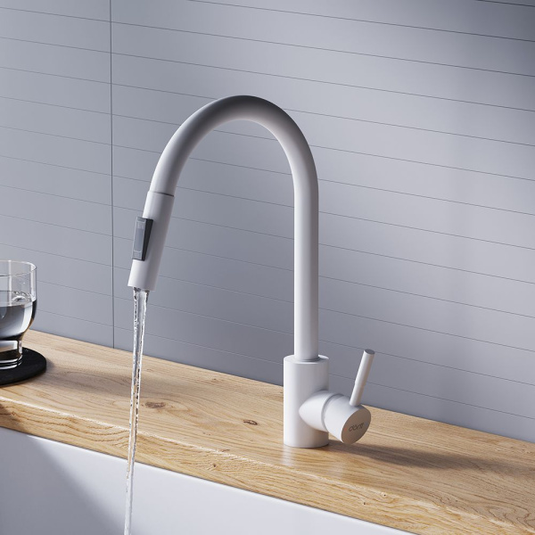 D3007533 Logic Кухонный смеситель Dorff  с вытягивающимся изливом, белый