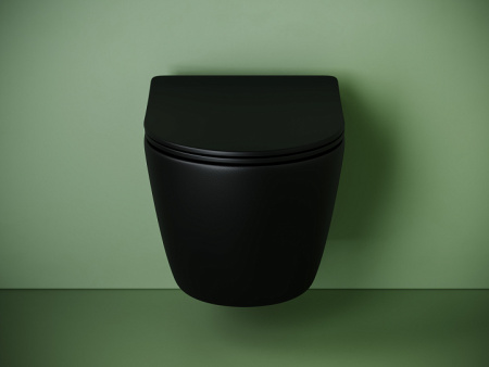 Подвесной унитаз Ceramicanova UNO безободковый, смыв Торнадо, с крепежом для полностью скрытого монтажа, ультратонким сидением с функцией быстрого снятия и крышкой с функцией плавного закрытия, цвет черный матовый CN11001TMB