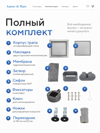 Трап для душа Amore di Mare Picco SD-15, 150х150 мм, оборачиваемый под плитку, хром