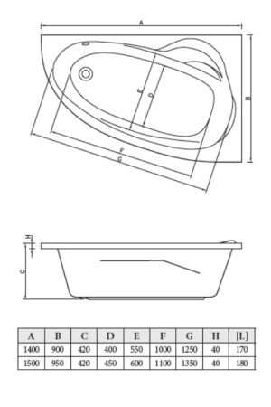 Ванна акриловая Bonito Home Emilia правая 150х95 с ножками, BH-EM-103-150P/St