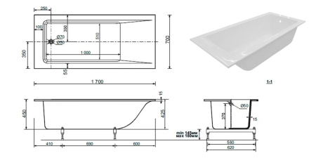 Ванна из литьевого мрамора Taliente Egoista Stretto Matt EG2317070-1StrettoMatt 170х70 пристенная прямоугольная тонкий борт