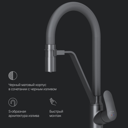 F8007822 Like, Смеситель для кухни AM.PM с каналом для питьевой воды и гибким изливом, черный