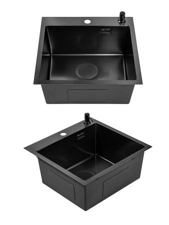 Мойка для кухни из нержавеющей стали Amore di Mare Favo Pelle FP4545B-1, 450х450х220 мм: мойка, дозатор, сифон. Цвет: черный.