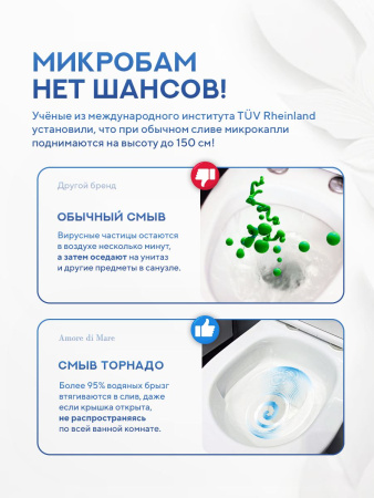 Унитаз моноблок безободковый Amore di Mare Tenna Tornado M627-T белый итальянский, антивсплеск, фарфоровый, быстросъемное сиденье дюропласт с крышкой микролифт, чаша с антибактериальным покрытием