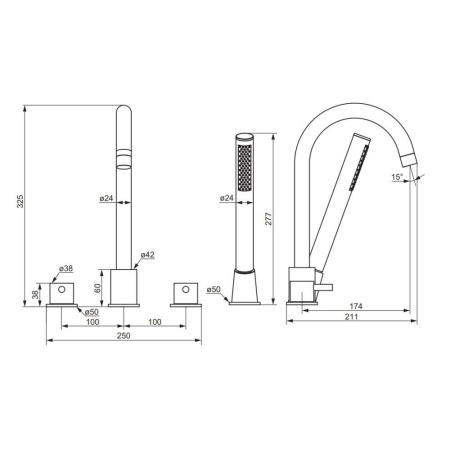 360400000 Scandinavian Pure Смеситель на борт ванны AM.PM, четырёхсекционный, хром