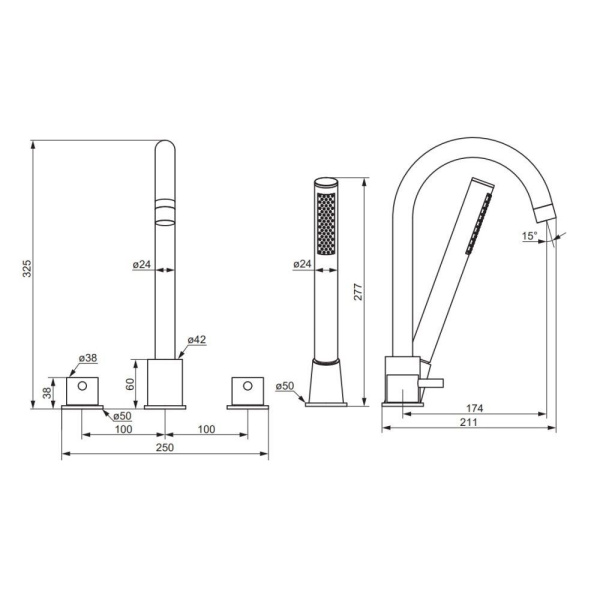 360400300 Scandinavian Pure Смеситель на борт ванны AM.PM, четырёхсекционный, черный матовый