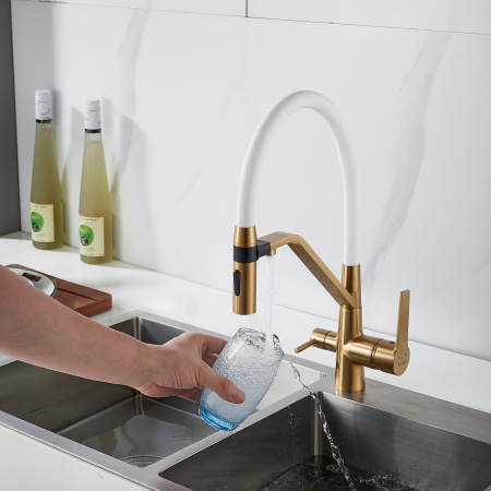 Смеситель для кухни с гибким изливом и подключением фильтра Shevanik S278G, золотой сатин