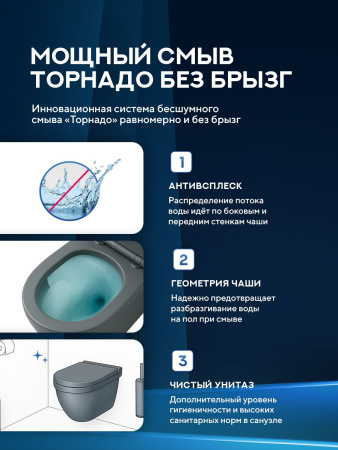 Унитаз подвесной безободковый Amore di Mare Delio Tornado P203MGR-T Matte Grey, овальный серый матовый, антивсплеск, фарфор, быстросъемное сиденье дюропласт с микролифт, антибактериальное покрытие