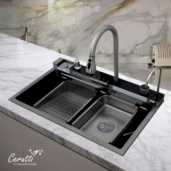 Многофункциональная мойка GLORIA II nano black (серая) из нержавеющей стали, кухонная (750х460х230) Ceruttispa