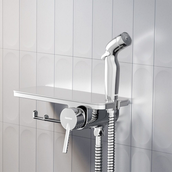 773500001 Jupiter Смеситель Damixa монтируемый в стену с гигиеническим душем и полкой, хром
