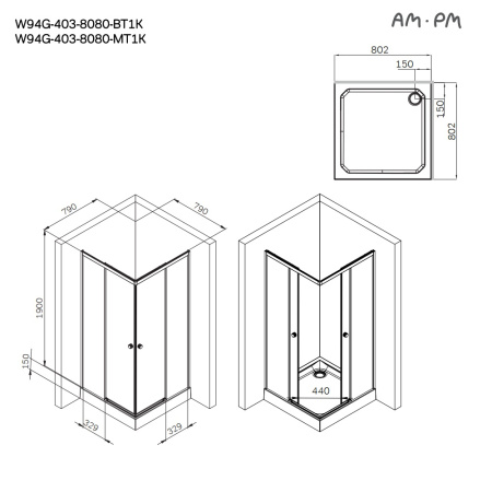 W94G-403-8080-MT1K X-joy Душевое ограждение AM.PM квадратное,раздвиж.двери 80x80 хром мат
