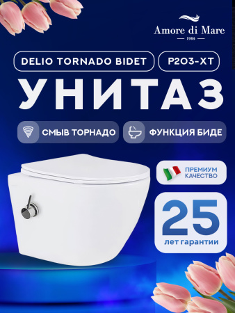Унитаз подвесной безободковый Amore di Mare Delio Tornado Bidet P203-XT с функцией биде, овальный белый, антивсплеск, фарфор, быстросъемное сиденье дюропласт с микролифт, антибактериальное покрытие