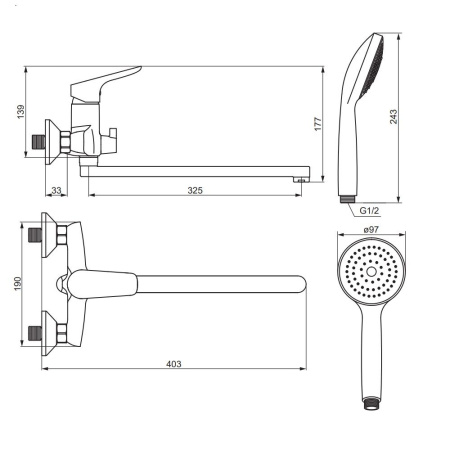 779500001 Jupiter, Смеситель для ванны и душа AM.PM с универсальным изливом и душевым комплектом, хром