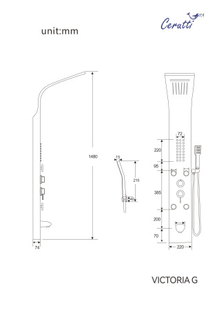 Панель VICTORIA G душевая из нержавеющей стали с форсунками Ceruttispa CT9978, цвет золото