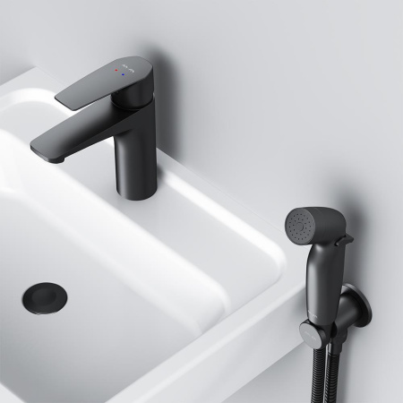 F90A03022 Gem Смеситель для умывальника AM.PM с гиг.душем, излив 99 мм, черный