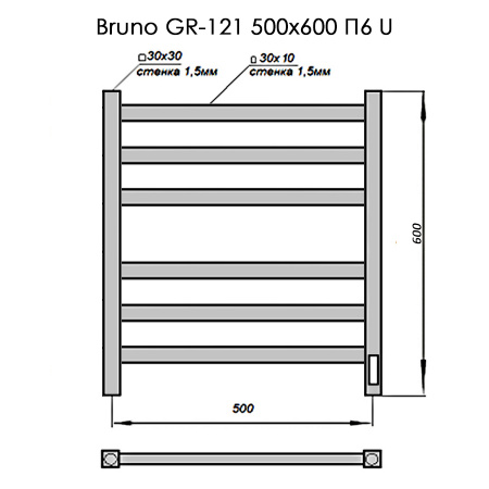 Полотенцесушитель Электрич. с/т GROIS Bruno GR-121 500/600 П6 RAL9005 U черный матовый