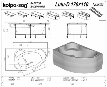 Акриловая ванна Kolpa San Lulu 170x110 (правая) экран, каркас, сифон