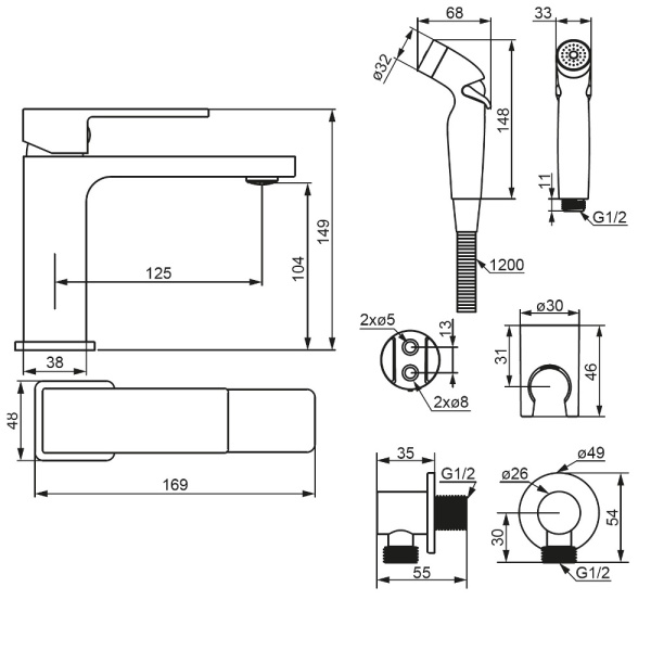 530300300 Gala Смеситель для умывальника Damixa с гигиеническим душем, черный матовый