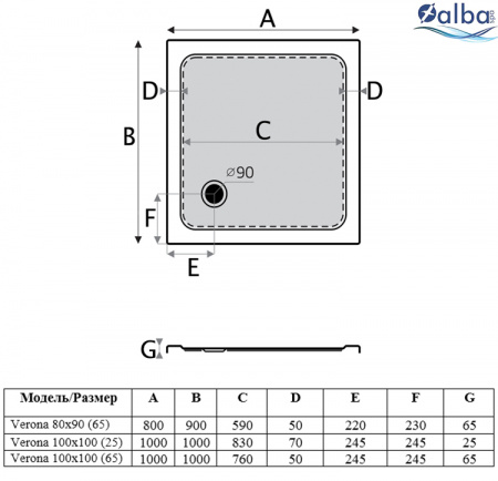Душевой поддон Alba Spa Verona S Black ПКВ0110140302 80x90 (6,5)