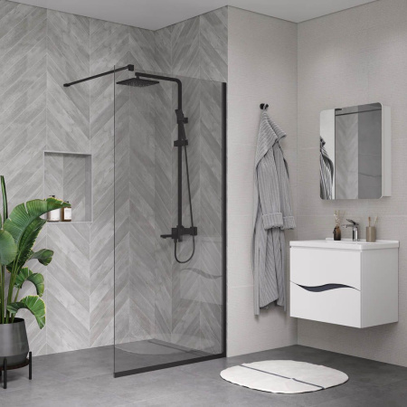 Душевая перегородка, ограждение Reflexion RX200100CBL-13 Walk in 200x100см, прозрачное закаленное стекло 8мм, черный профиль