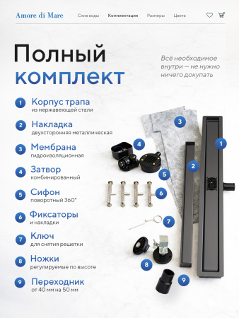 Трап для душа Amore di Mare Verso SD-120GM, 1200х70 мм, оборачиваемый под плитку, оружейная сталь