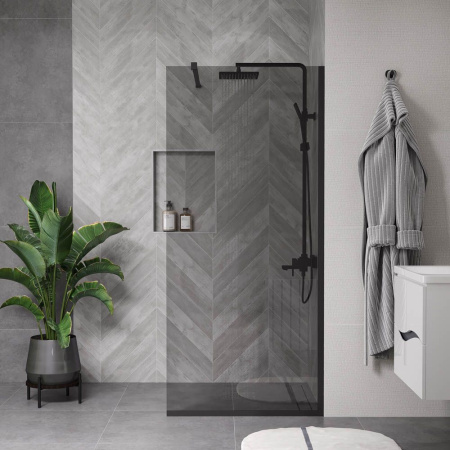 Душевая перегородка, ограждение Reflexion RX20090TBL-16 Walk in 200x90см, тонированное закаленное стекло 8мм, черный профиль