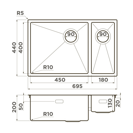 Кухонная мойка Omoikiri Taki 69-2-U/IF-L Side-LG нерж. сталь/светлое золото 4997051