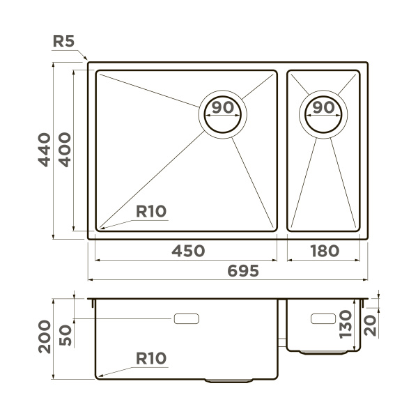 Кухонная мойка Omoikiri Taki 69-2-U/IF-L Side-GB нерж. сталь/графит 4997050