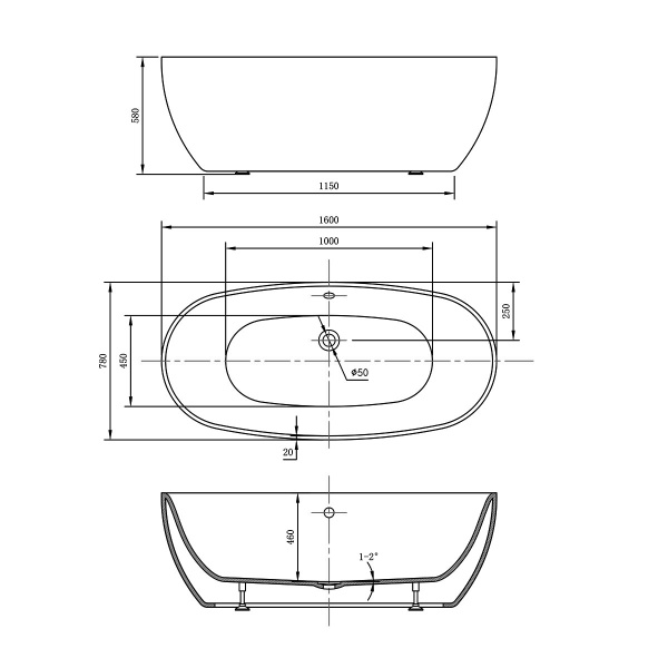 Ванна акриловая Vincea VBT-405-1600, 1600*780*580, цвет белый, щелевой перелив