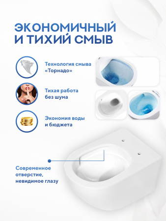 Унитаз подвесной безободковый Amore di Mare Lenza Tornado P252-T, овальный белый, антивсплеск, фарфоровый, быстросъемное сиденье дюропласт с крышкой микролифт, антибактериальное покрытие