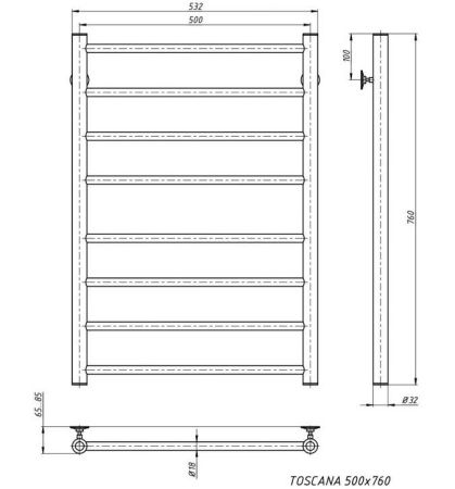 Полотенцесушитель водяной Stinox Toscana 500x800, нижнее подключение, черный матовый, 1" НР (наружная резьба), 8 перекладин