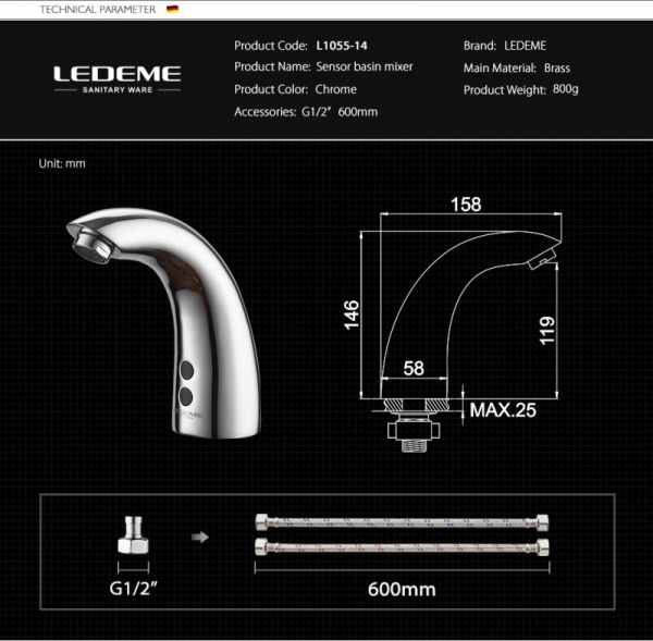 Смеситель для умывальника Ledeme L1055-14 сенсорный