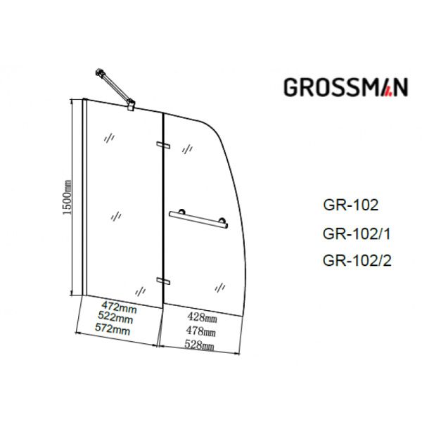 Шторка для ванны Grossman GR-102/1, 100х150 стекло прозрачное Easy Clean