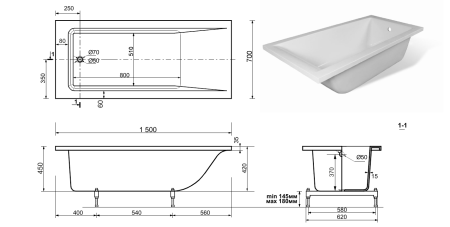 Ванна из литьевого мрамора Taliente Egoista EG2315070-1 150х70 пристенная прямоугольная