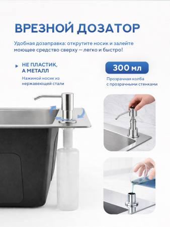 Мойка для кухни из нержавеющей стали Amore di Mare Favo Pelle FP5048S-2, 500х480х220 мм: мойка, корзина, дозатор, сифон. Цвет: сатин.