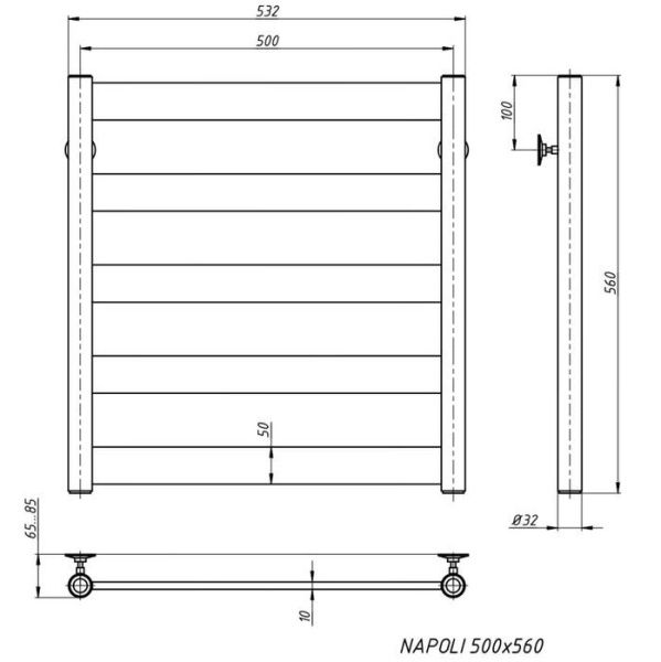 Полотенцесушитель водяной Stinox Napoli 500x600, нижнее подключение, черный матовый, 1" НР (наружная резьба), 5 перекладин