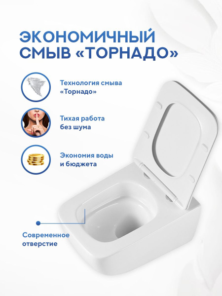 Унитаз подвесной безободковый Amore di Mare Bacino Tornado P210-T, антивсплеск, фарфоровый, быстросъемное сиденье дюропласт с крышкой микролифт, чаша с антибактериальным покрытием